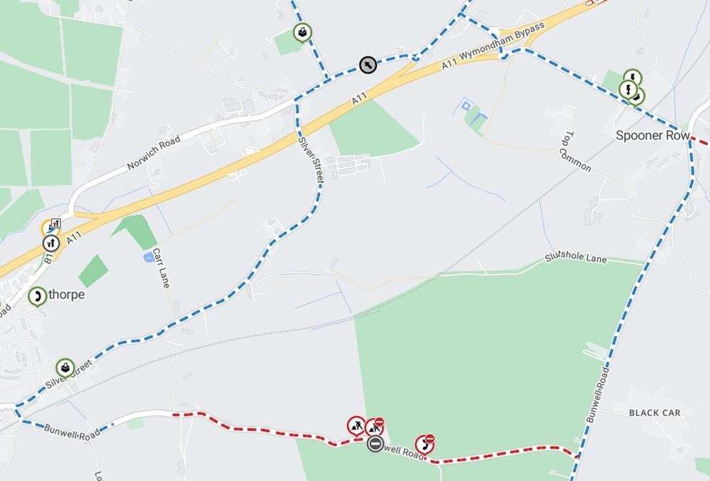 A map of the closure and diversion route. Picture: Norfolk Highways