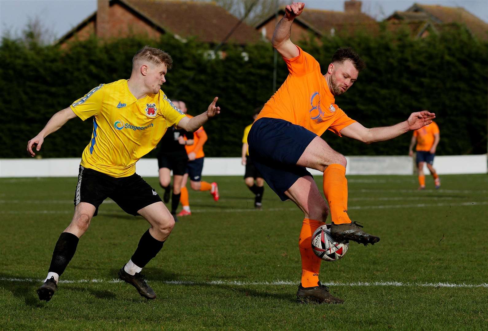 Diss goalscorer Charlie Webb looks to execute a crafty turn during Saturday’s victory Picture: Mark Bullimore