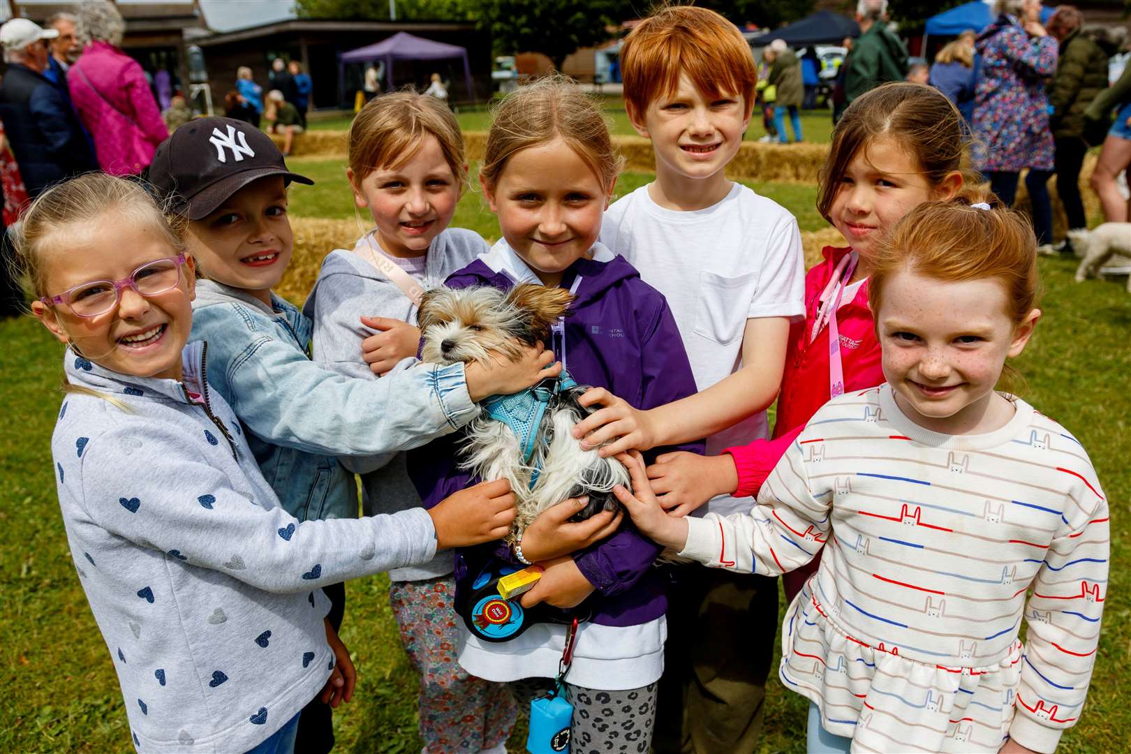 Noodle the dog with some of the children from the primary school. Picture: Mark Bullimore