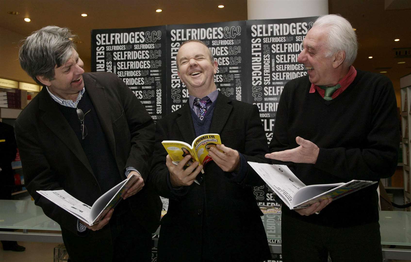 (From left to right) Nick Newman, Ian Hislop and Barry Fantoni during a signing session for the Private Eye Annual 2008 (Yui Mok/PA)