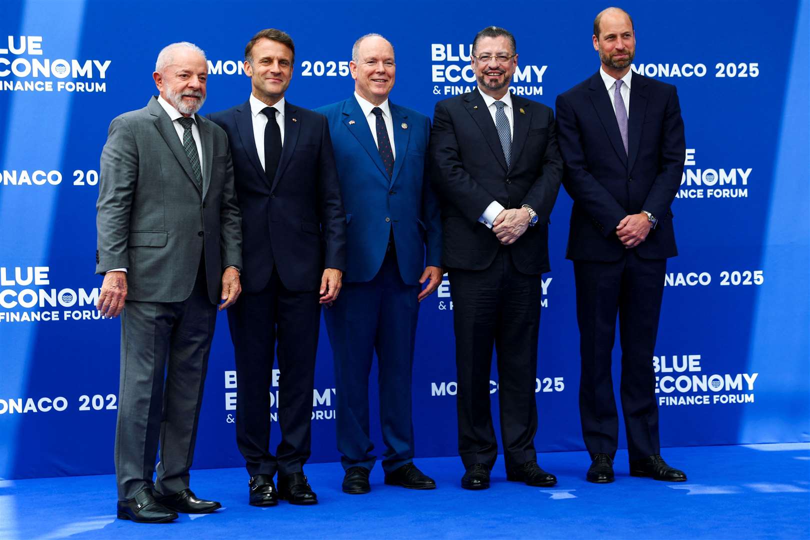 From left, Brazil’s President Luiz Inacio Lula da Silva, France’s President Emmanuel Macron, Prince Albert II of Monaco, Costa Rica’s President Rodrigo Chaves Robles and The Prince of Wales (Manon Cruz/PA)