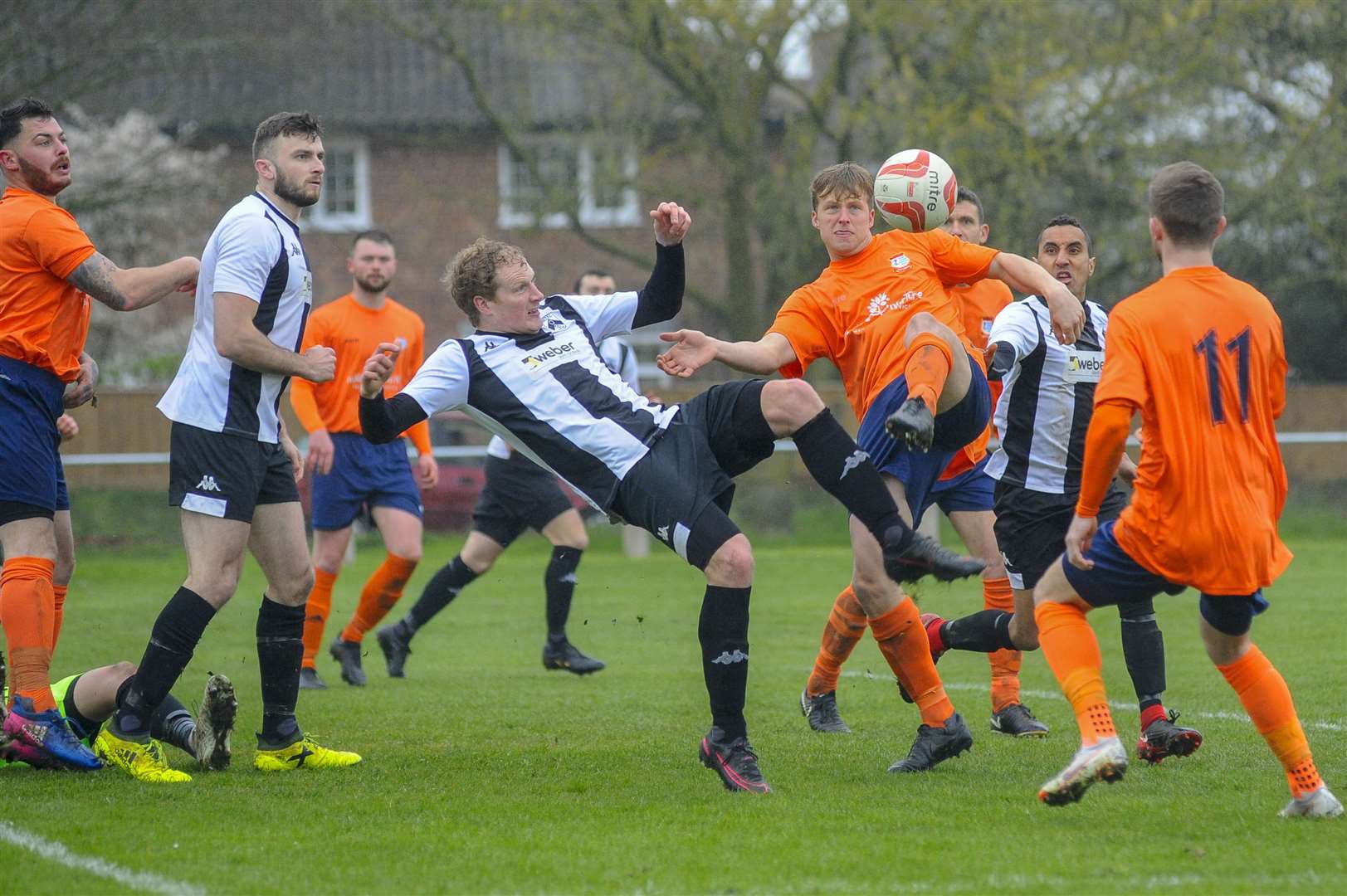 Football action from Harleston Town vs Diss Town FC - Goal mouth action ..Picture: Mark Bullimore Photography. (8397357)