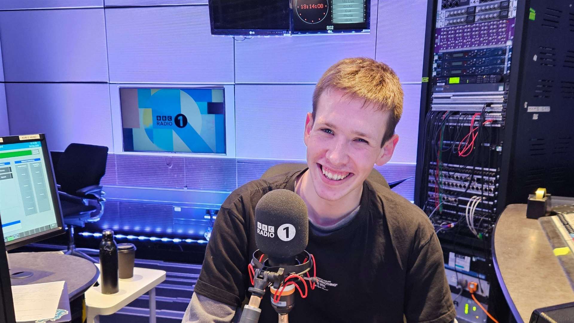 Mic check: Matt gets his feet under the desk at BBC Radio 1’s studios in MediaCity, Salford. Picture: Contributed