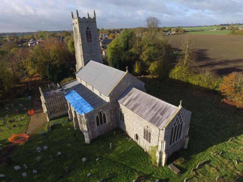 Aerial views of Pulham St Mary Church, the latest to have been targeted by lead thieves. Photo: Clayton Hudson. ANL-161115-120111001