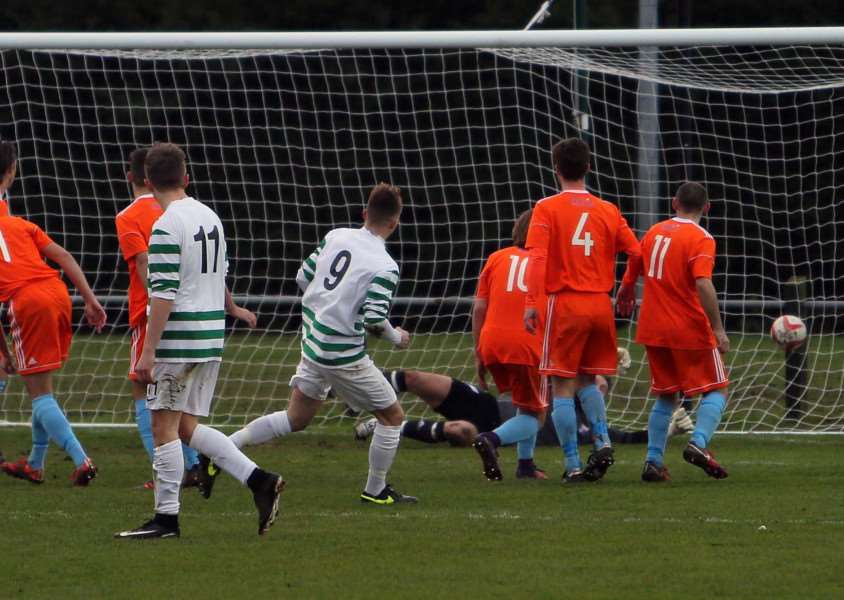 TOP FORM: Danny Smith (9) finds the net for Framlingham. Picture: Dean Warner