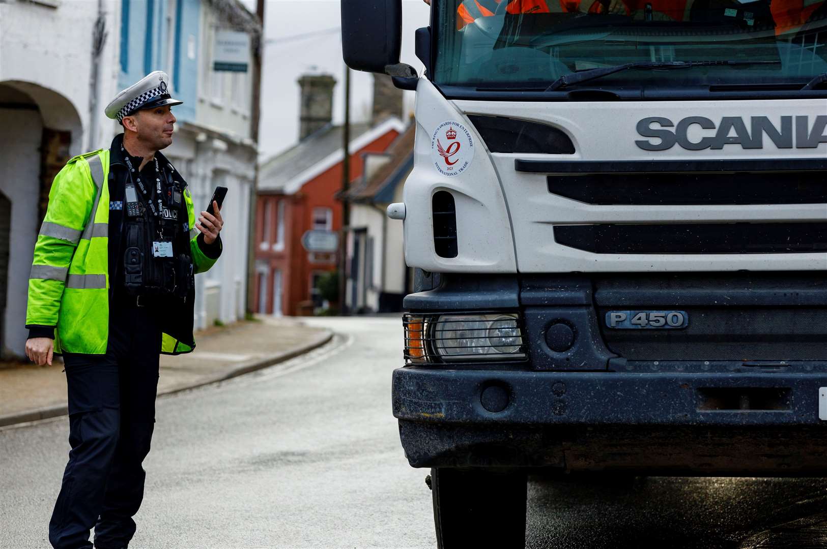 Eye, Suffolk, 13/12/2023Suffolk Police from the Commercial Vehicle Unit, monitoring lorries coming through Eye as part of the Eye Experimental Traffic Restriction Order along Castle Street and Magdalen Street.Picture: Mark Bullimore Photography 2023