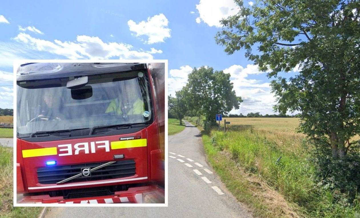 Suffolk Fire and Rescue Service was alerted at about 6pm last night to the blaze at a single-storey commercial building, in Hobbies Lane, Mendlesham. Picture: Google and istock