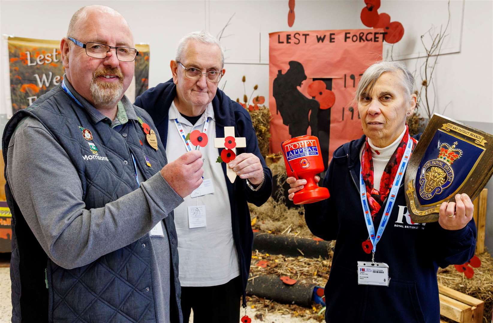 Harleston, Norfolk, 01/11/2023The Poppy Appeal in Diss which has been launched at Morrisons for this year, pictured from left Kenny Child Morrisons Community Champion, Robert Rogers (Branch Secretary of Diss and District RBL) and Mary Cotton (Committee Member of Diss and District RBL). Picture: Mark Bullimore Photography 2023