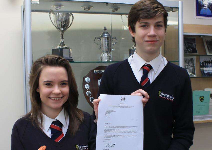Stradbroke High School's head girl Heather Cutler and head boy James Cleverley show the congratulatory letter from Schools Minister Nick Gibb.