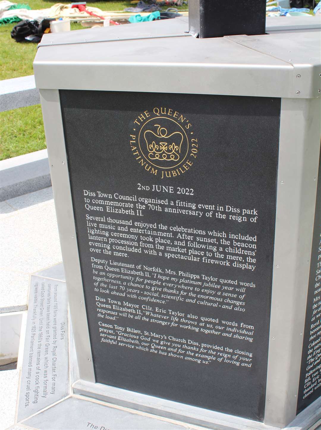 Queen Elizabeth's Platinum Jubilee is also honoured on the beacon. Picture: Diss Town Council