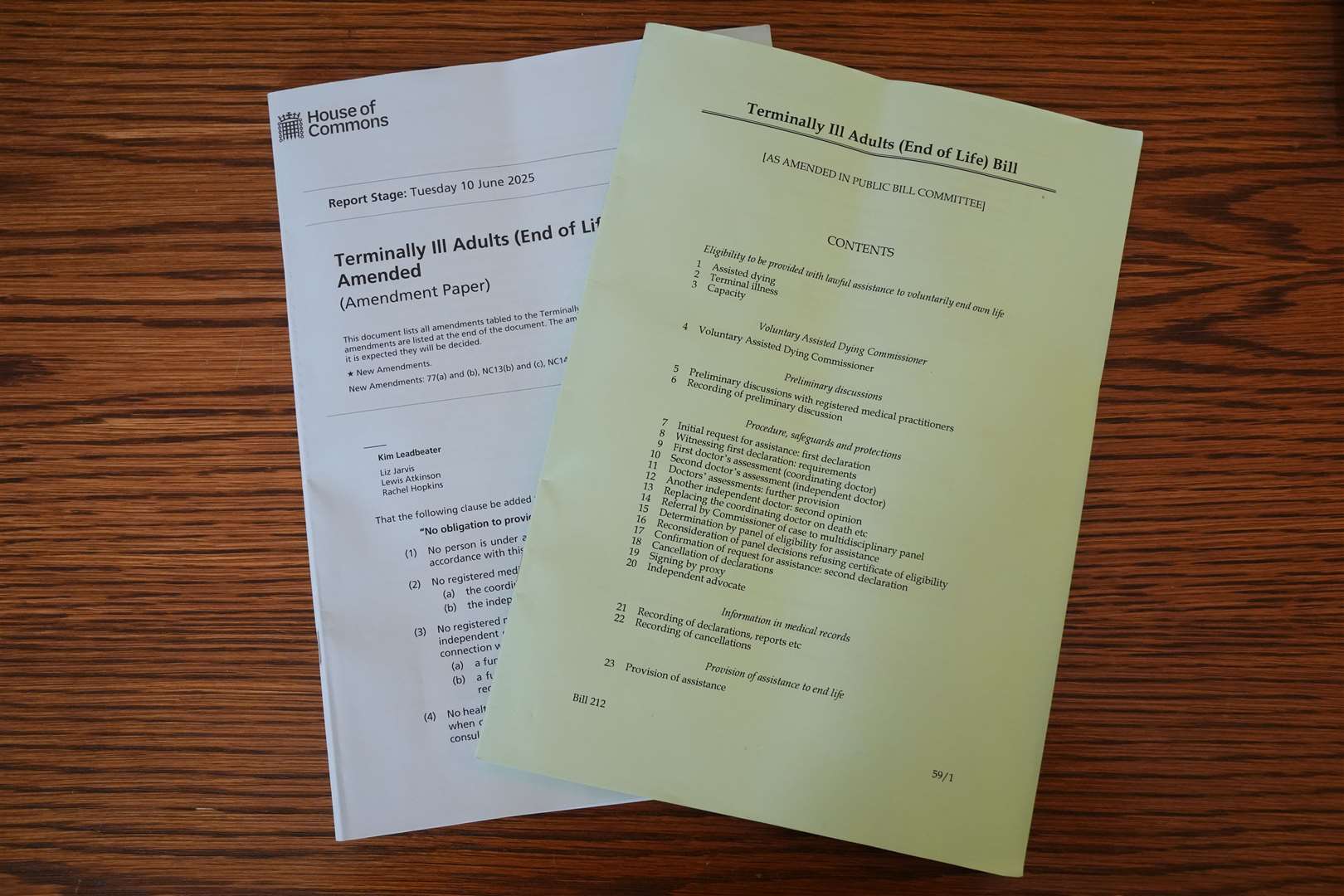 A copy of the Terminally Ill Adults (End of Life) Bill (Jonathan Brady/PA)