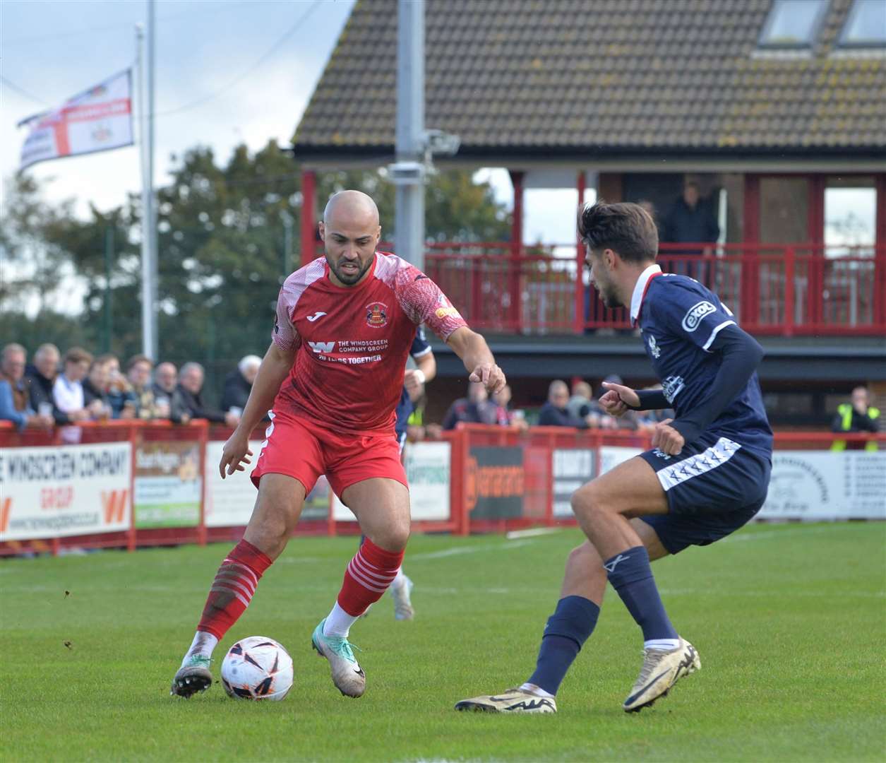 Needham Market's Luke Ingram (against Kidderminster) was unable to get the one goal he needs to become the club's new outright record goalscorer Picture: Ben Pooley