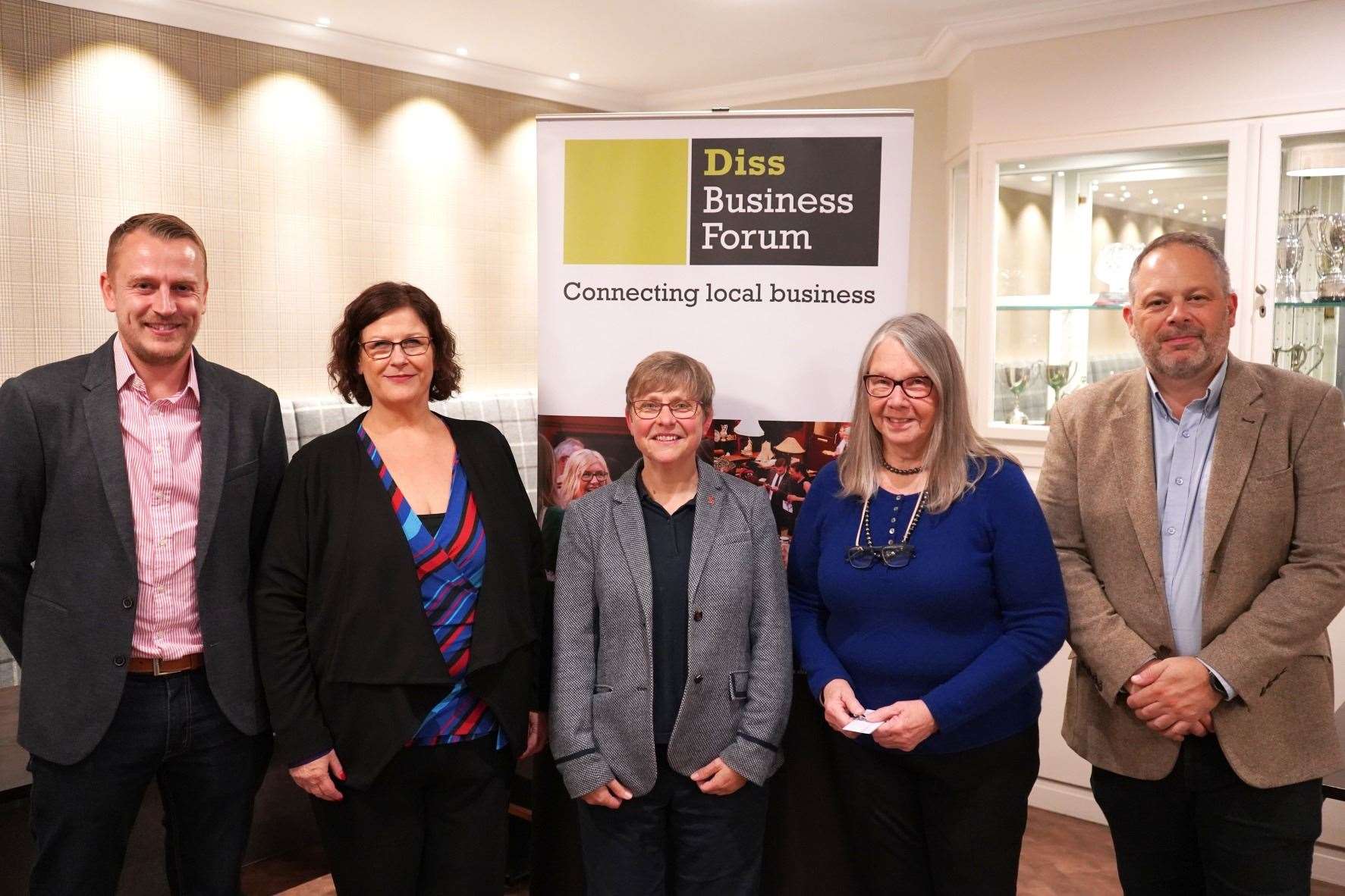 Diss Business Forum launch. Left to right are, Ben Cussons, Anna Jones, Di Grantham, Judy Ward, Chris Aldrich.