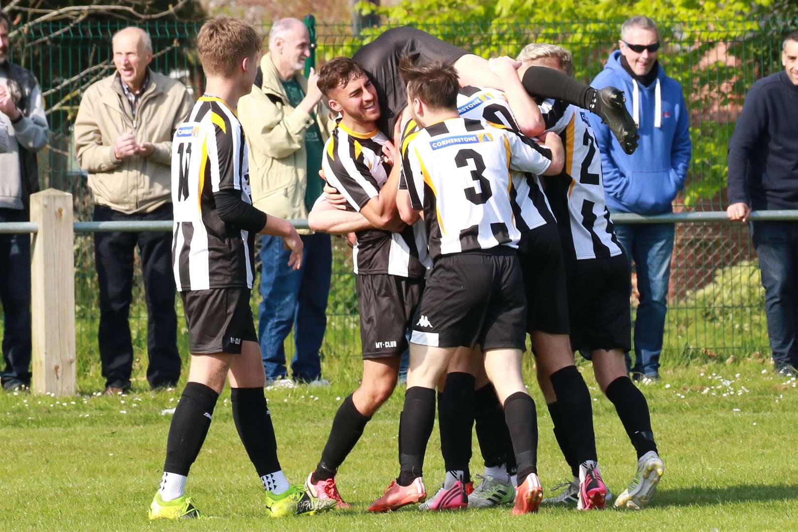 Harleston Town celebrate Nathan Page's goal against Downham Town. Picture: Gary Donnison