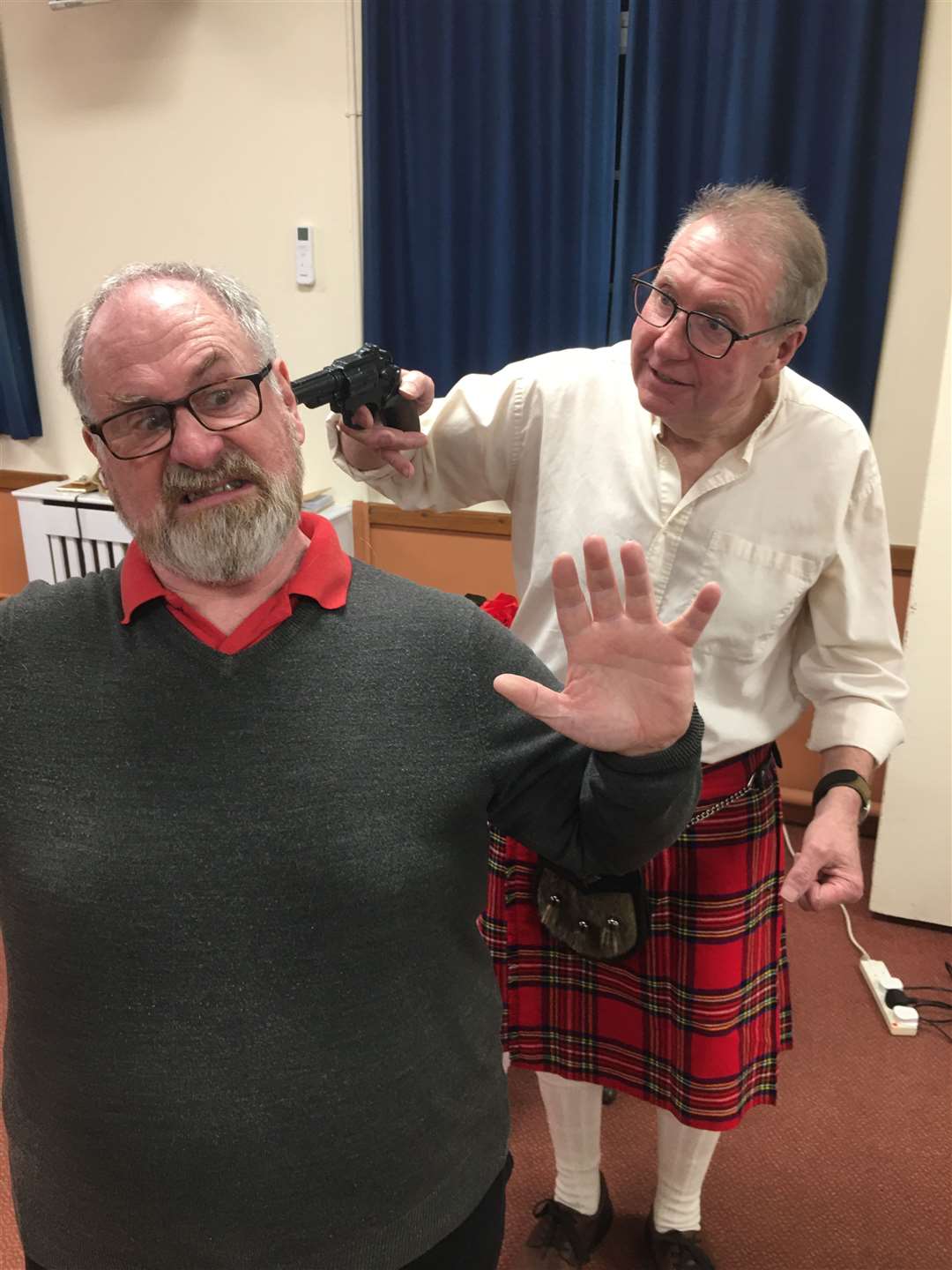 Roy Goodwin as Jock Anderson, right, and Barry Givens as Scarheart in rehearsals for Dick Barton: Special Agent. Picture: Harleston Players
