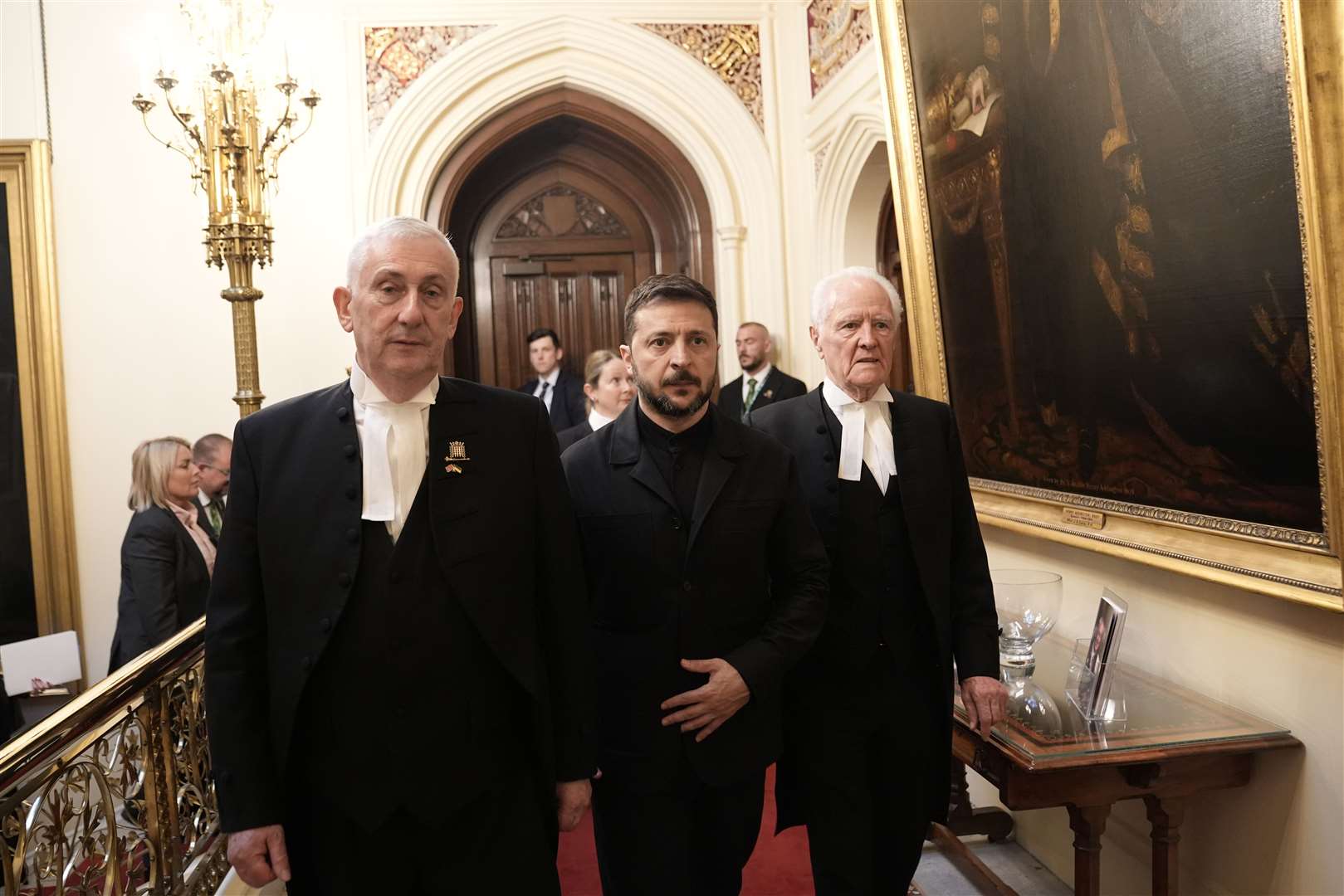 Speaker of the House of Commons Sir Lindsay Hoyle with Ukrainian President Volodymyr Zelensky and Lord McFall at Speaker’s House in the Palace of Westminster (Stefan Rousseau/PA)