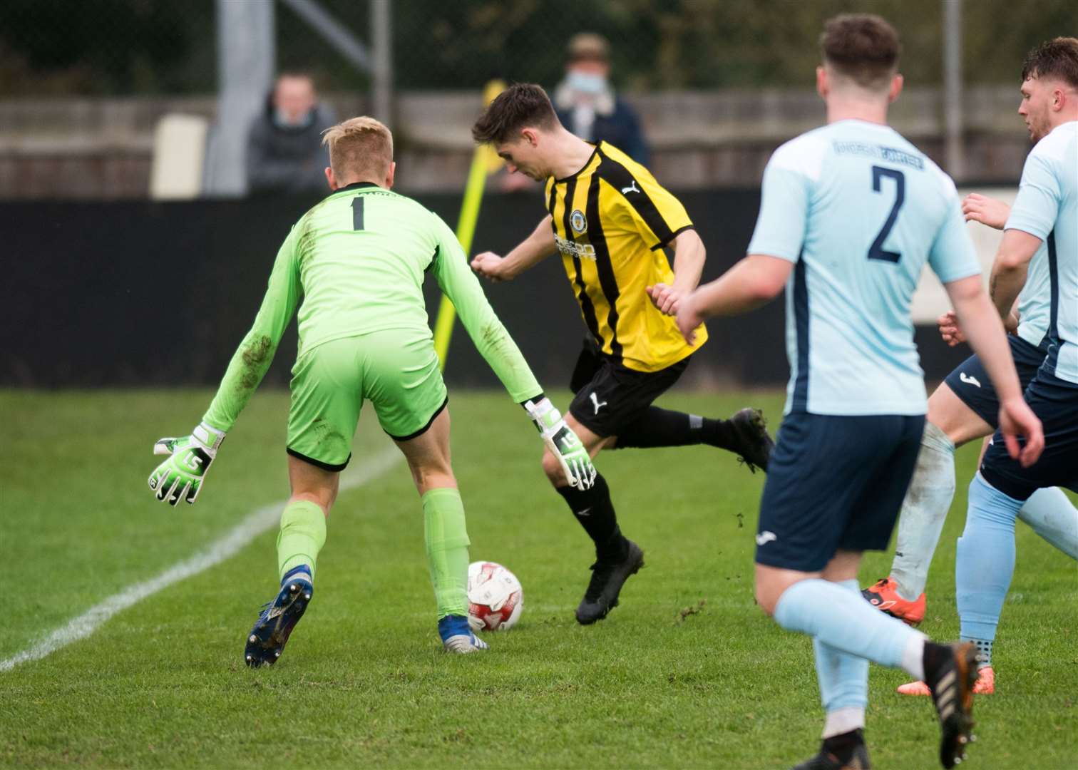 George Bugg on the attack for Stowmarket Town in their home match with Stanway Rovers - which saw them lay claim to a Thurlow Nunn League unbeaten record Picture: Mark Westley