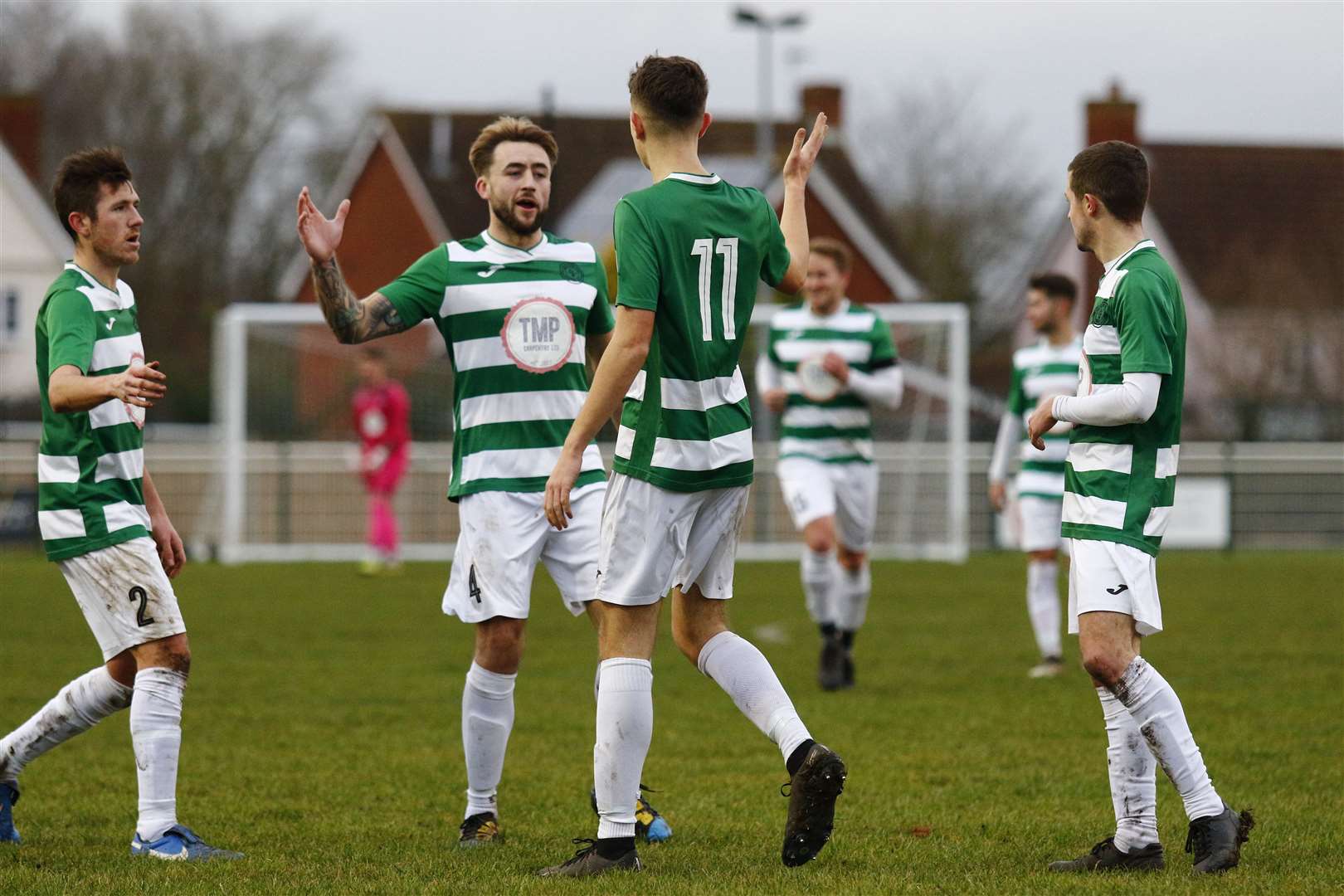 Framlingham Town celebrate a goal in Saturday’s 4-2 win against Swaffham Town Picture: Mark Bullimore