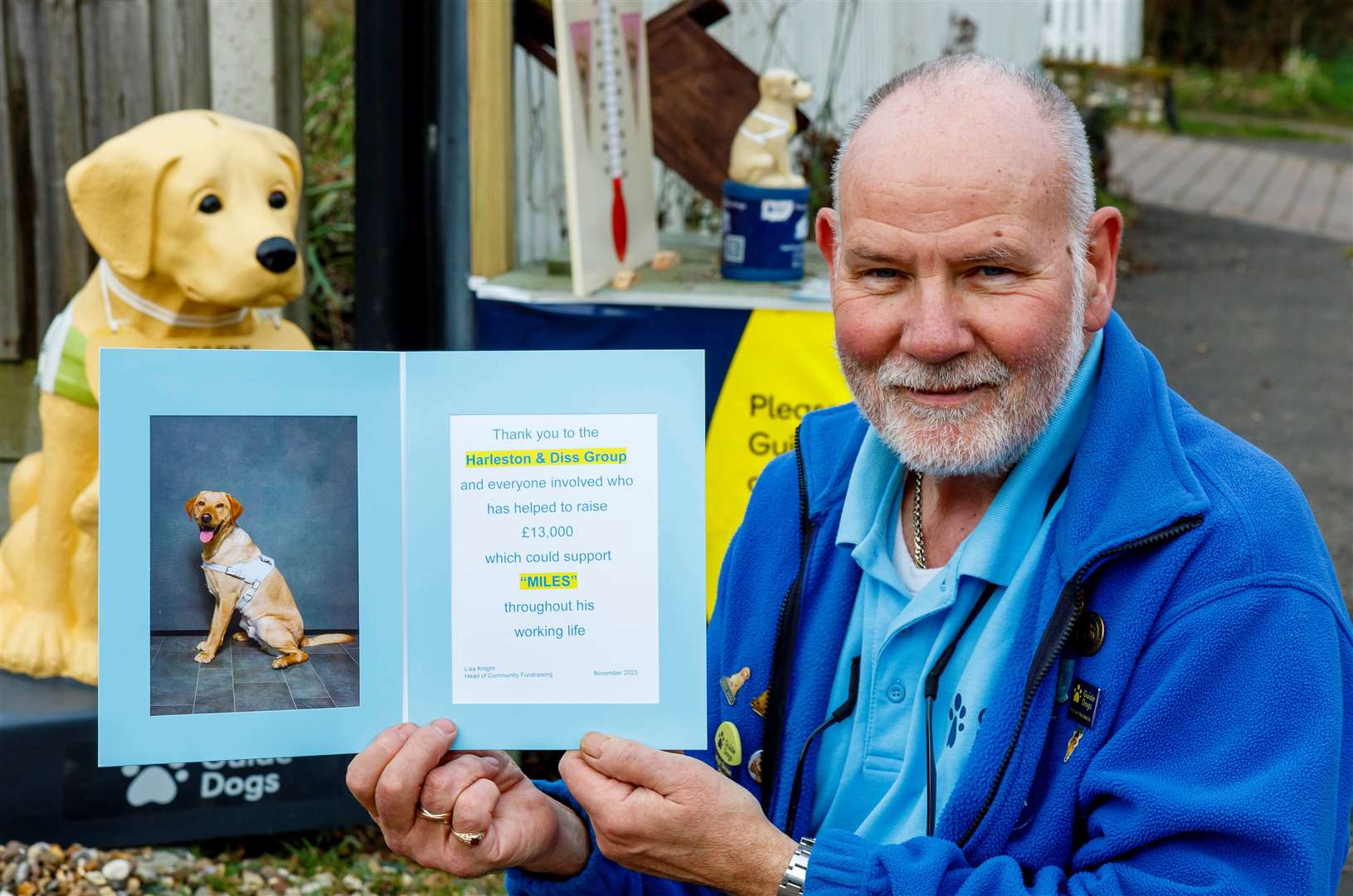 Wortwell, Suffolk, 07/02/2024The Harleston and Diss Guide Dogs fundraising group has donated £13,000 to help train a guide dog called Miles, pictured is Richard Bussien with guide dogs Ronda (left) and Vinny. Picture: Mark Bullimore Photography 2024
