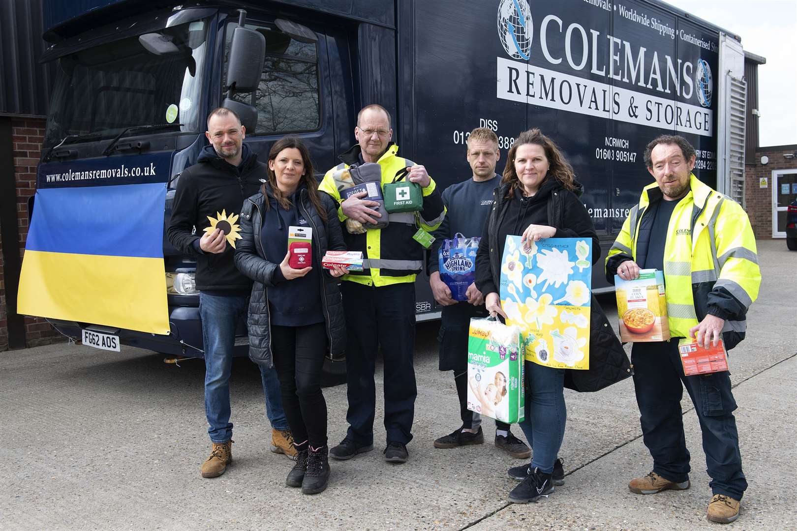 Staff at Colemans collecting donations to help out with the Ukrainian refugee crisis. Pictured: Philip Coleman, Jordan Coleman, Ivan Sharman, Laura Forster, Dennis Ashman and Oliver Evans. Picture: Mecha Morton.