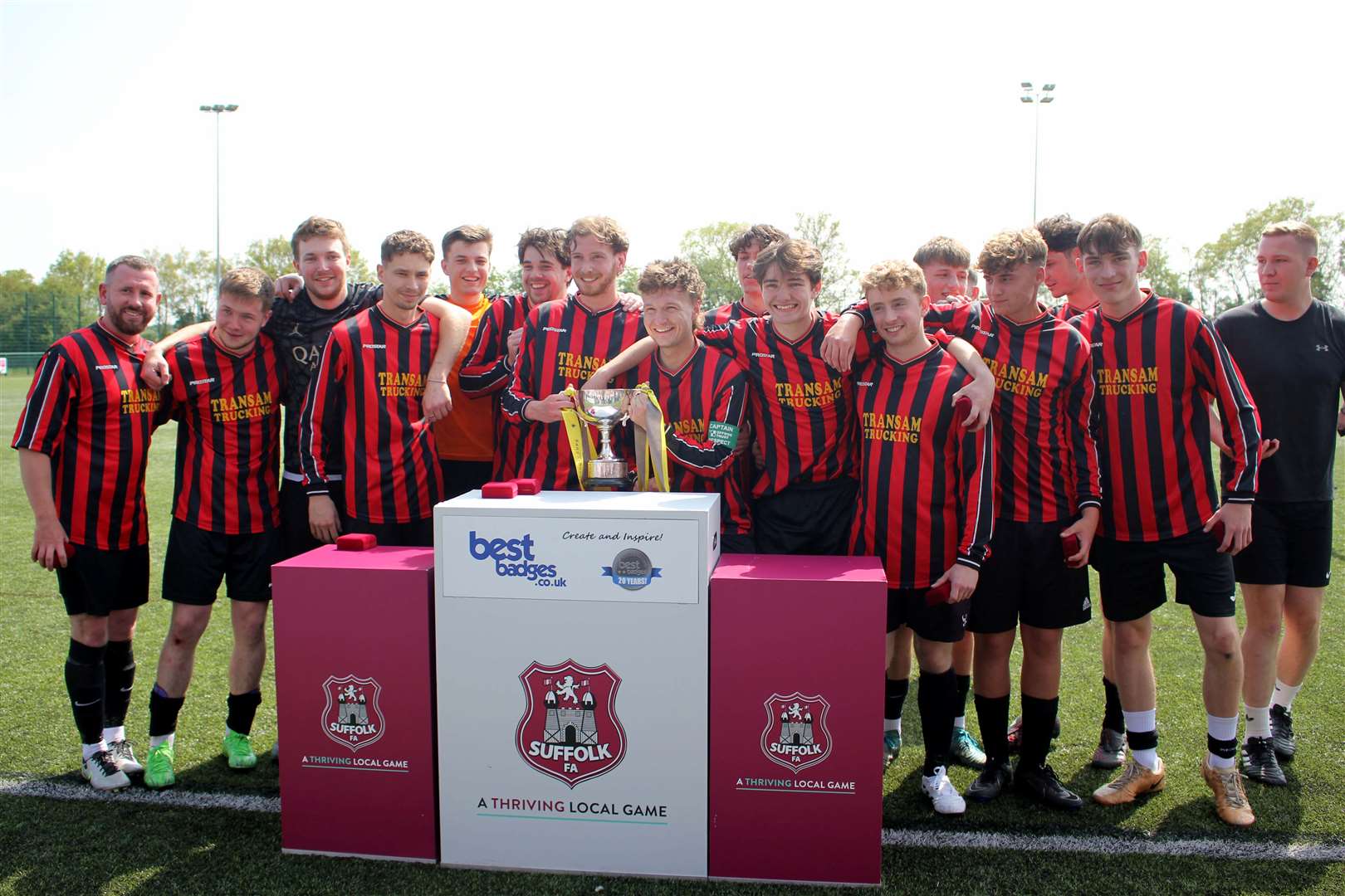 Stradbroke celebrate after winning the Best Badges Suffolk Sunday Trophy. Picture: Paul Voller