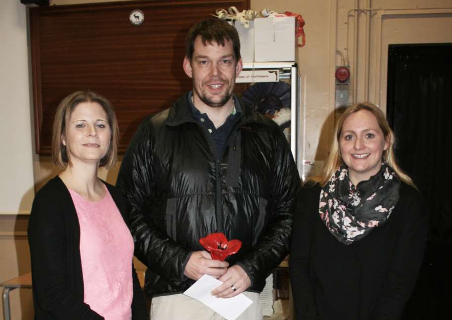 Ducan Slater, of Scole, with the head of Year 9 (L) Mrs Buttle and Art Teacher (R) Mrs Goodge at Hartismere School. ANL-150218-155945001