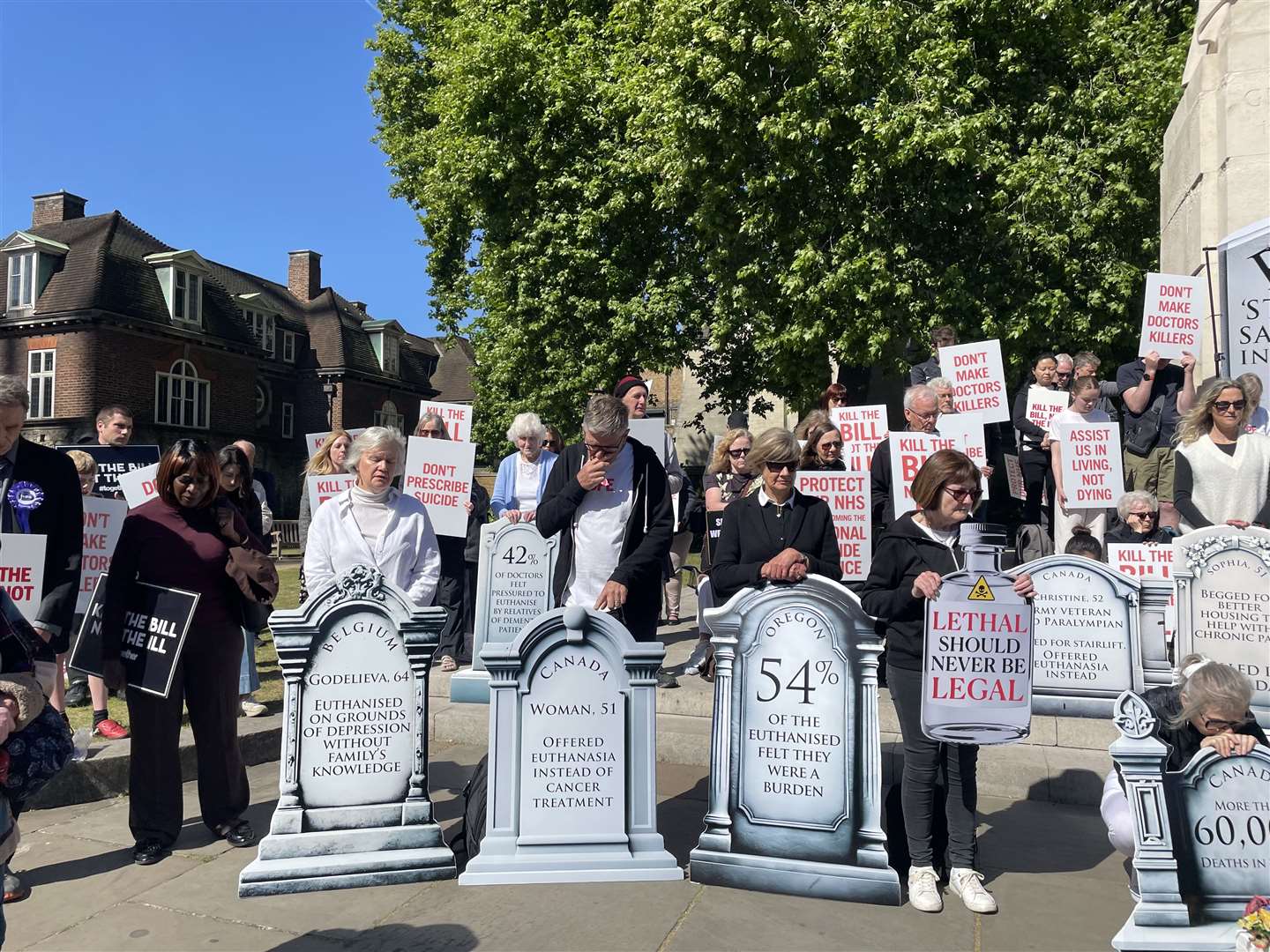 Campaigners opposed to the assisted dying legislation demonstrate outside the Palace of Westminster in London, ahead of the Bill’s report stage (Rosie Shead/PA)