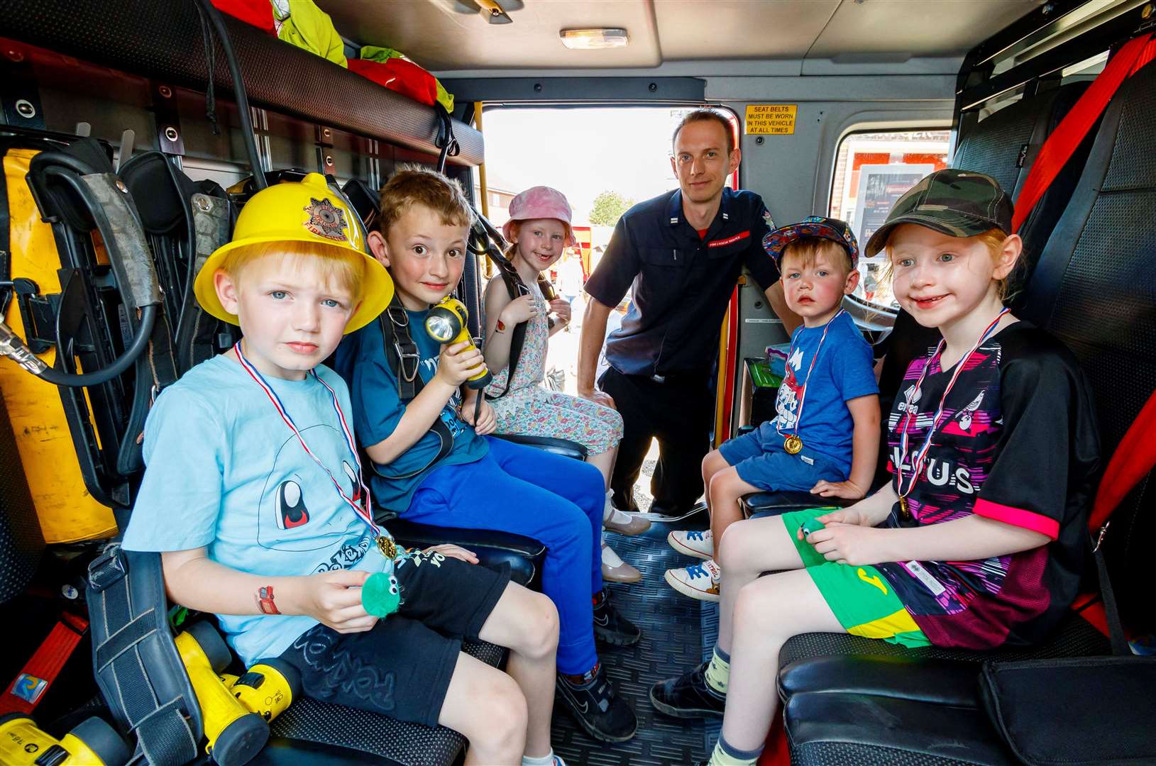 Theodore Cox, Mason Lawes, Florence Lewsey-Allen, crew manager James Harper, Noah Cox and Penelope Lewsey-Allen. Picture: Mark Bullimore