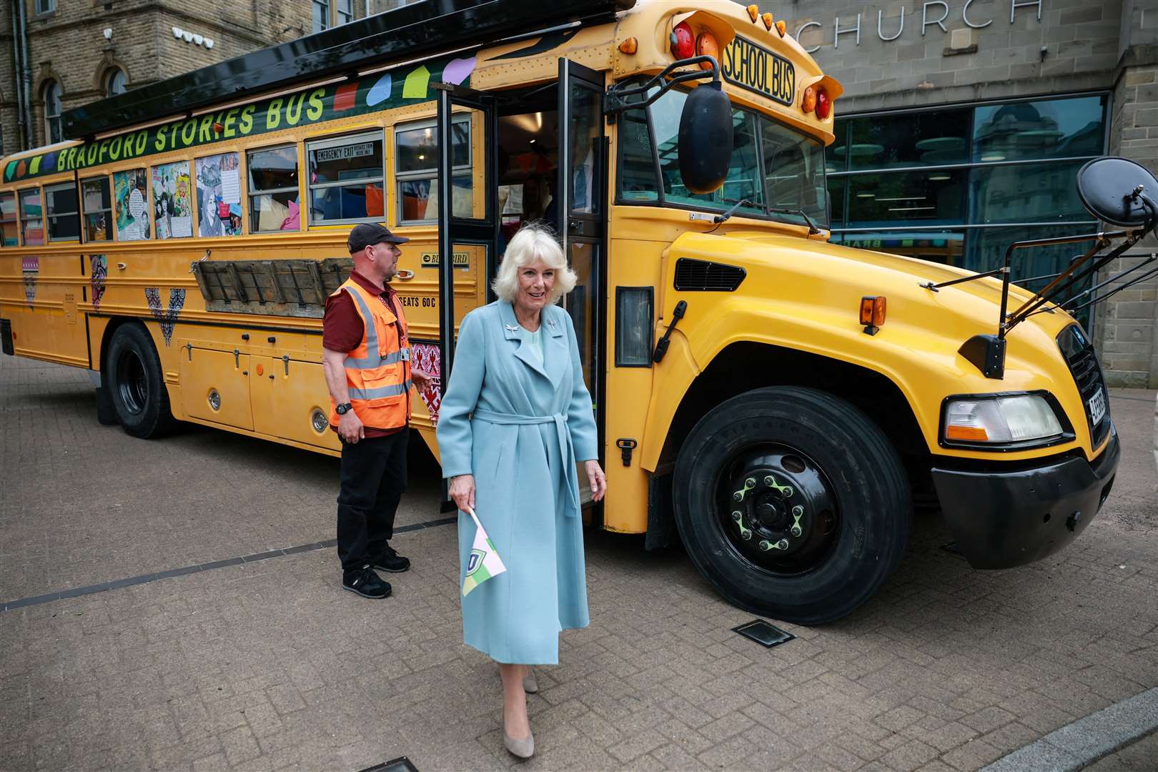 Camilla, patron of the National Literary Trust, at the Bradford Stories Bus (Phil Noble/PA)