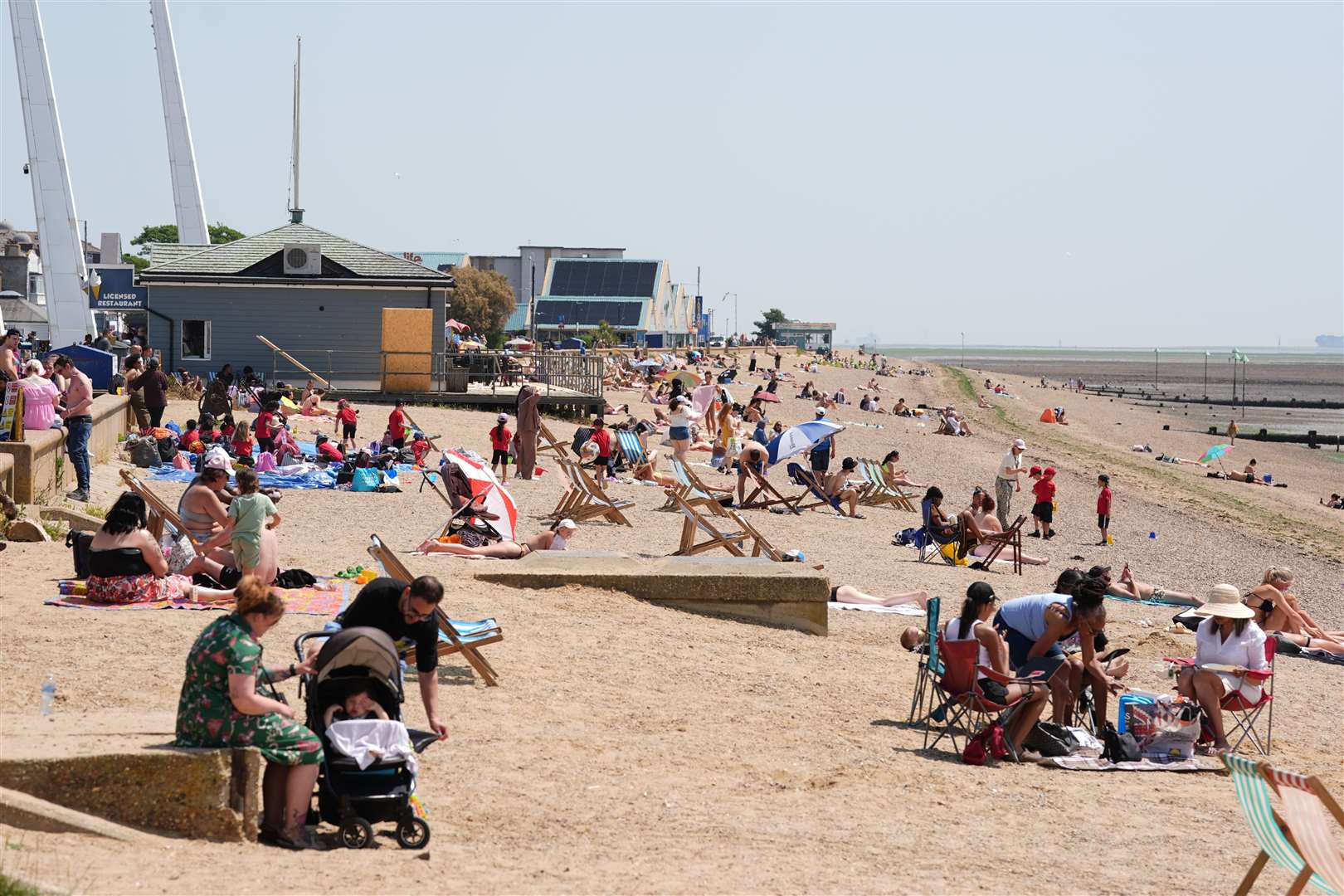 Jubilee Beach in Southend packed with people enjoying the sun (Lucy North/PA)