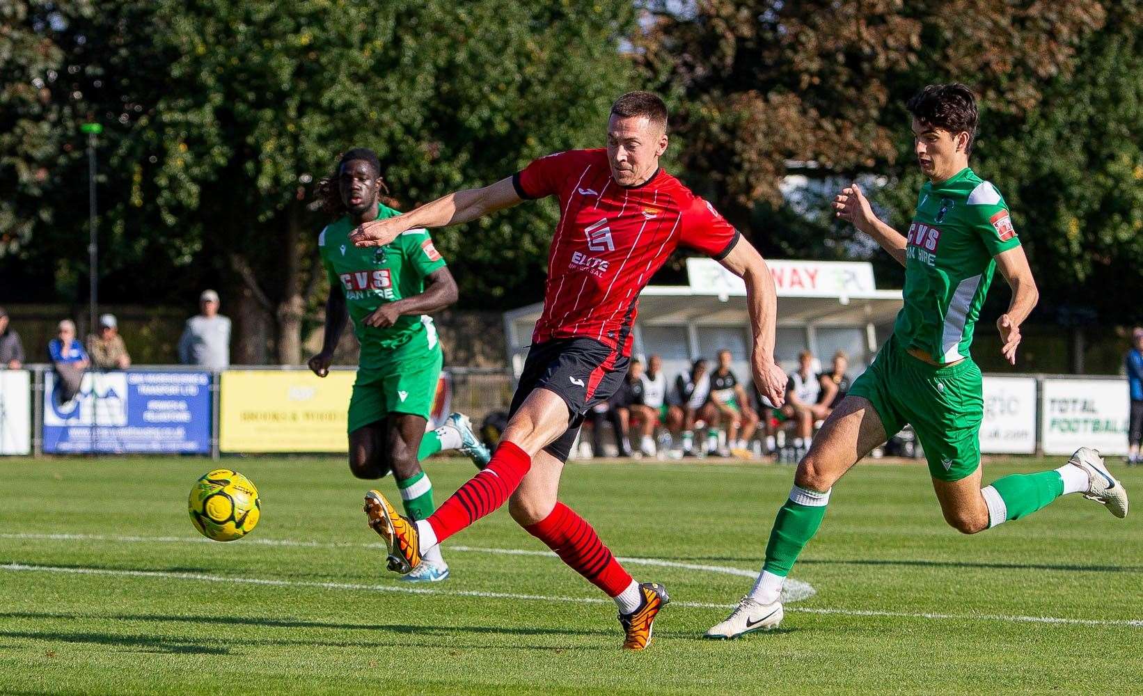 Josh Mayhew opens the scoring for Felixstowe & Walton United. Picture: Stefan Pack