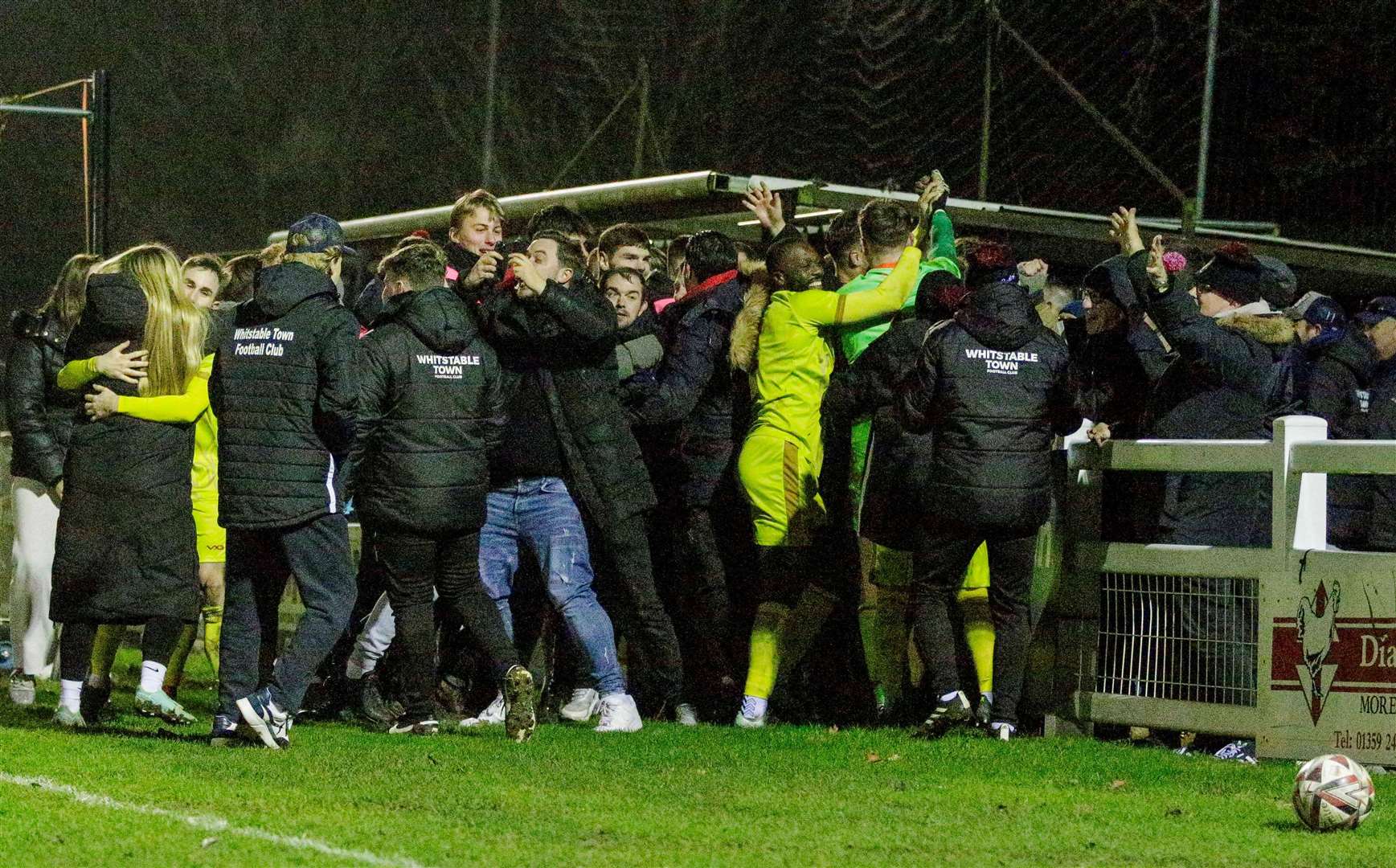 Whistable Town players celebrate their penalty shootout win at Walsham-le-Willows Picture: Mark Bullimore