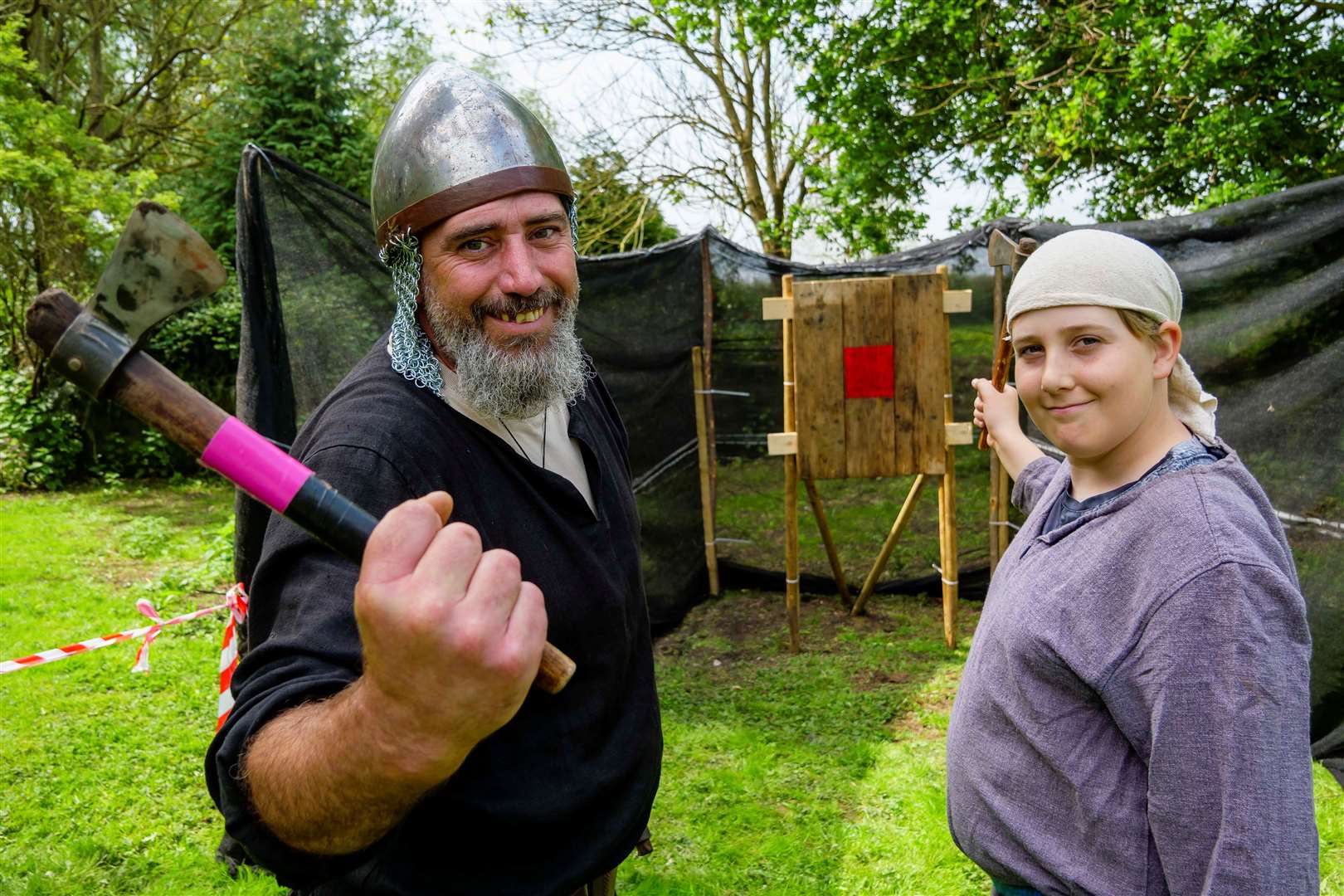 Greg “Gunnar” Lambeth and Aiden “Sven” Lamberth of Viking re-enactment group, Jormungandr Austr. Picture: Mark Bullimore