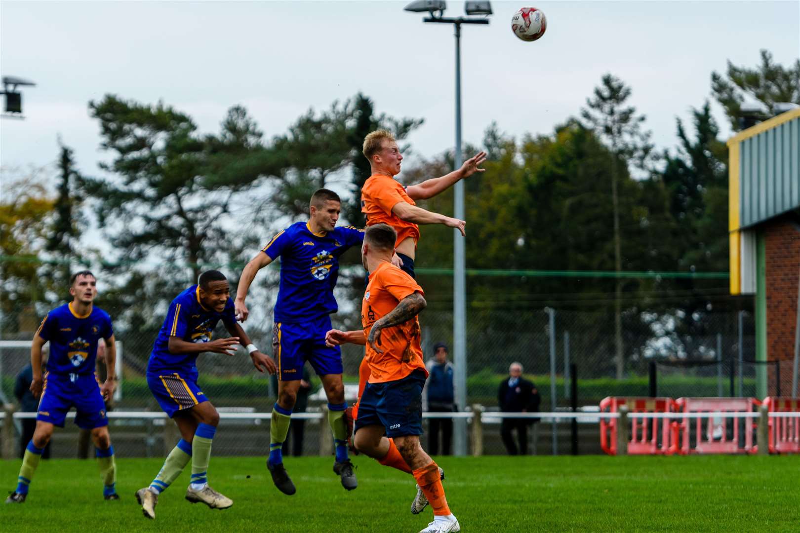 Spencer Cawcutt goes up for a header for Diss Town in their home match with King's Lynn Town Reserves Picture: Mark Bullimore
