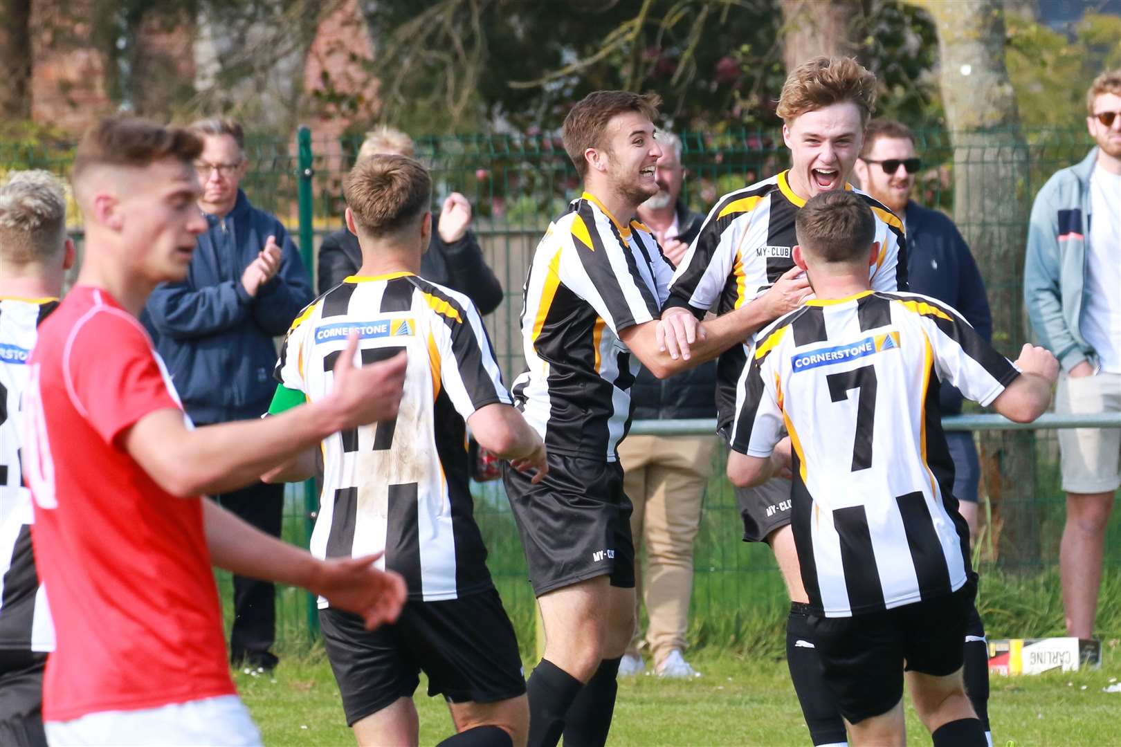 Harleston Town's Josh Durham celebrates scoring from a corner against Downham Town. Picture: Gary Donnison