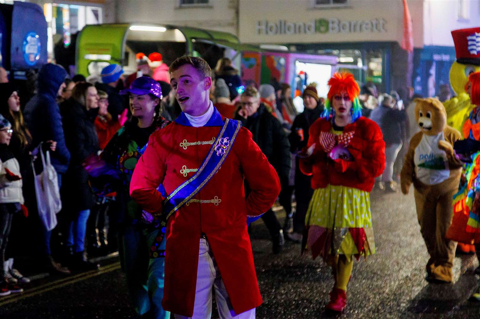 Diss, Norfolk, 02/12/2023Christmas lights switch on in Diss the Christmas parade up Mere Street with cast members fo Diss Cornhall Cinderella. Picture: Mark Bullimore Photography 2023