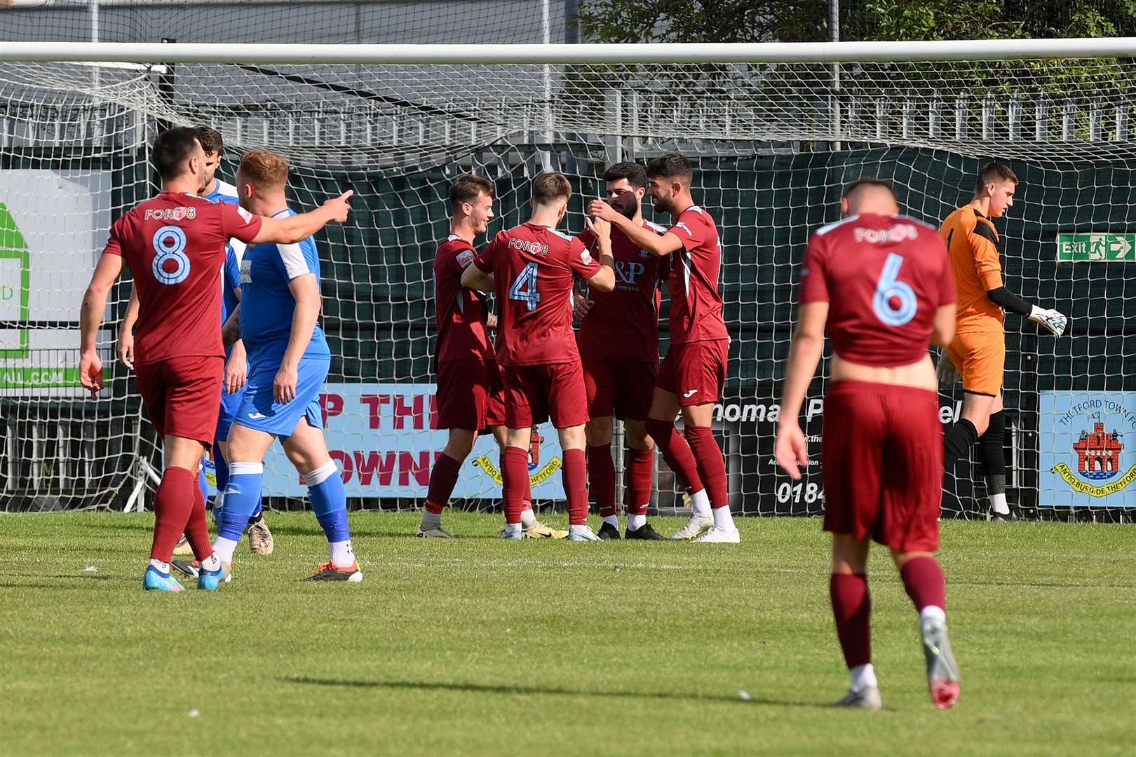 Thetford Town celebrate in their 6-1 victory over Cornard United. Picture: Mecha Morton