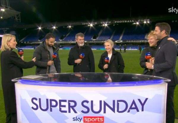 Ed Sheeran gatecrashed Ruben Amorim’s first post-match interview as Manchester United manager at Portman Road. Picture: Sky Sports