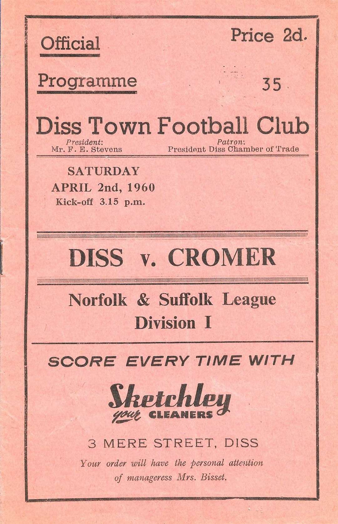 Diss v Cromer Programme, 1960