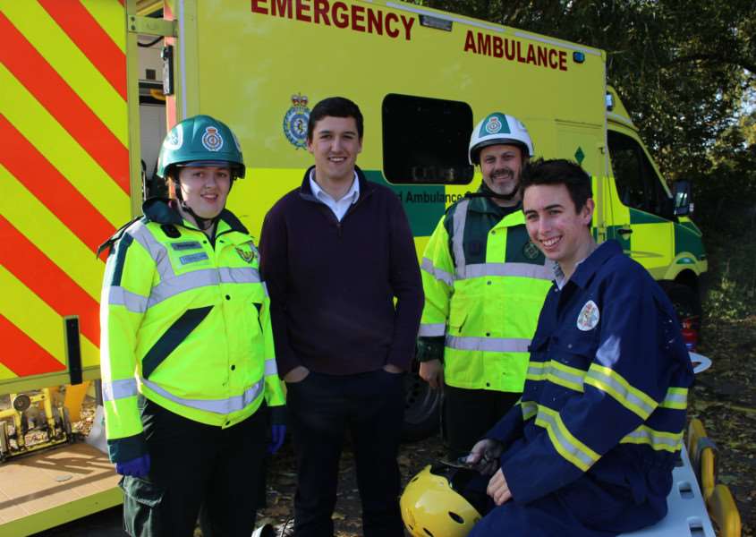 Attlleborough Academy students were given a live and interactive lesson on the importance of road safety. Pictured is presenter and accident victim Thomas Semmons, Attleborough Sixth Form volunteer Elliott Lascelles and two members of the emrecency services from #Impact.
