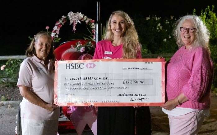 Annie Chapman, Dawn Briggs and Sophia France with the cheque from the Pink Ladies Tractor Run 2024. Picture: Jono Slack