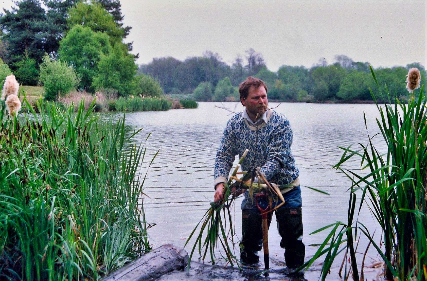 West Stow CP Lake in 1991. John Hosking building fishing platforms for disabled anglers. Picture: Chris Boughton