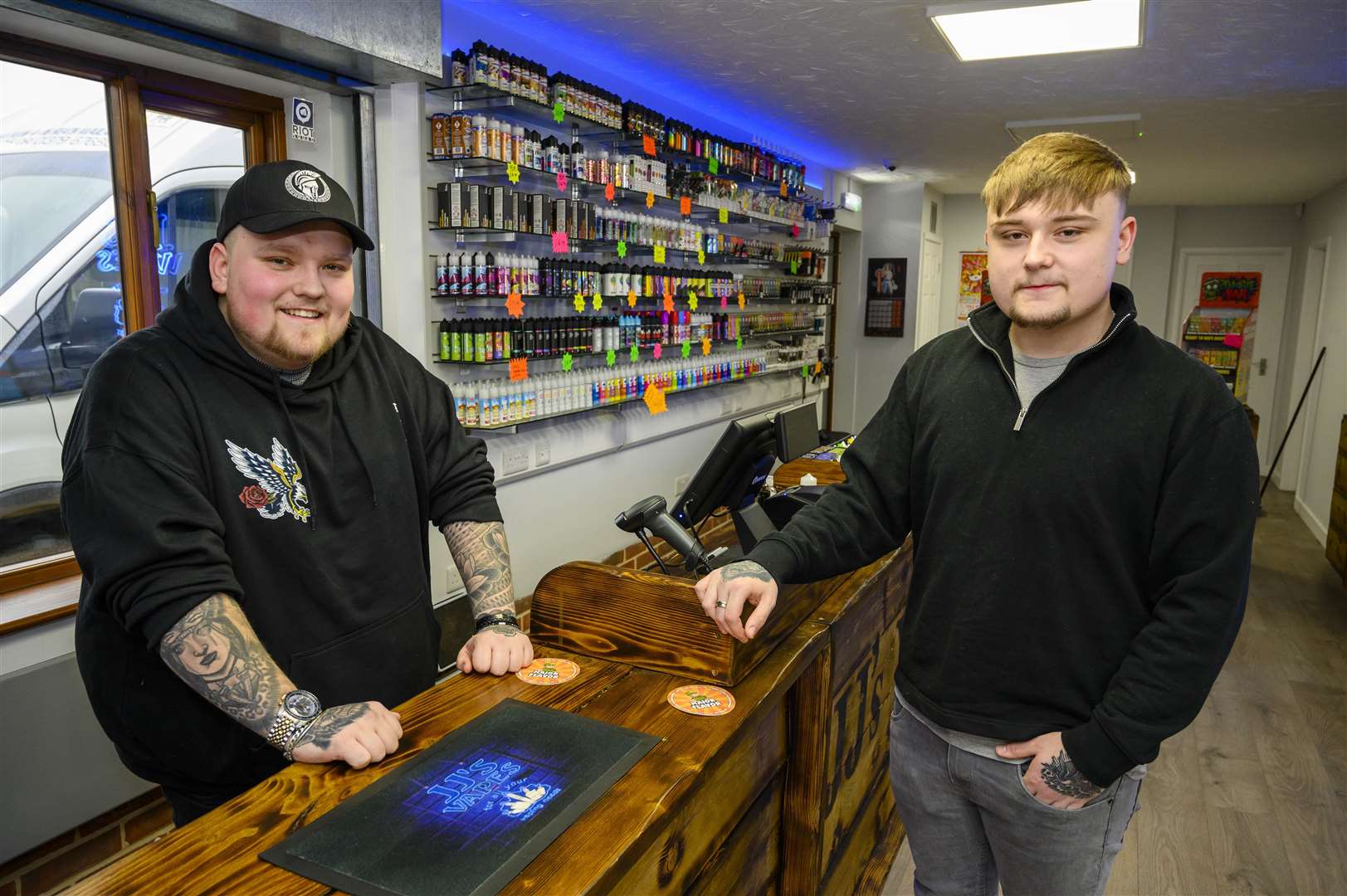 Jordan and Jamie Walker at their branch of JJ's Vapes in Diss. Picture: Mark Bullimore Photography 2022.