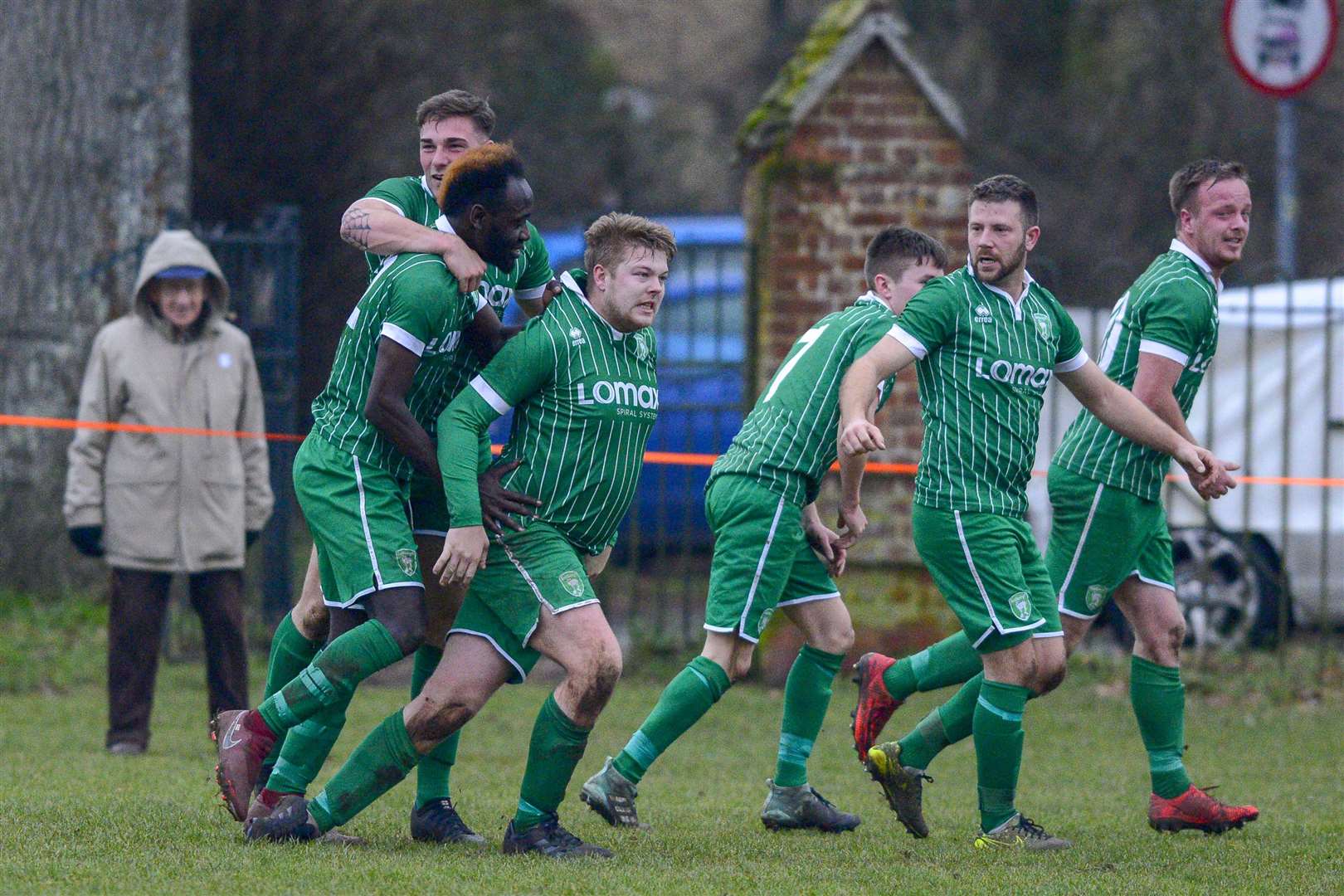 Football action of East Harling v Yelverton..East Harling players celebrate their goal. ..Picture by Mark Bullimore Photography. (8079546)