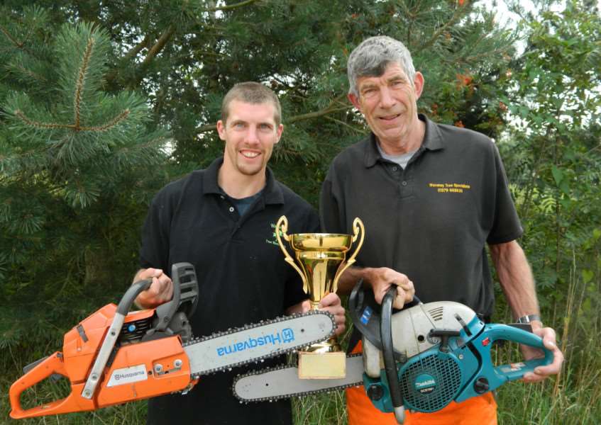 Alan Garnham (right) and his son, Kristian, of Waveney Tree Specialists based in Hoxne, recently took part in the UK Logging Championships in north Wales. Submitted photo.
