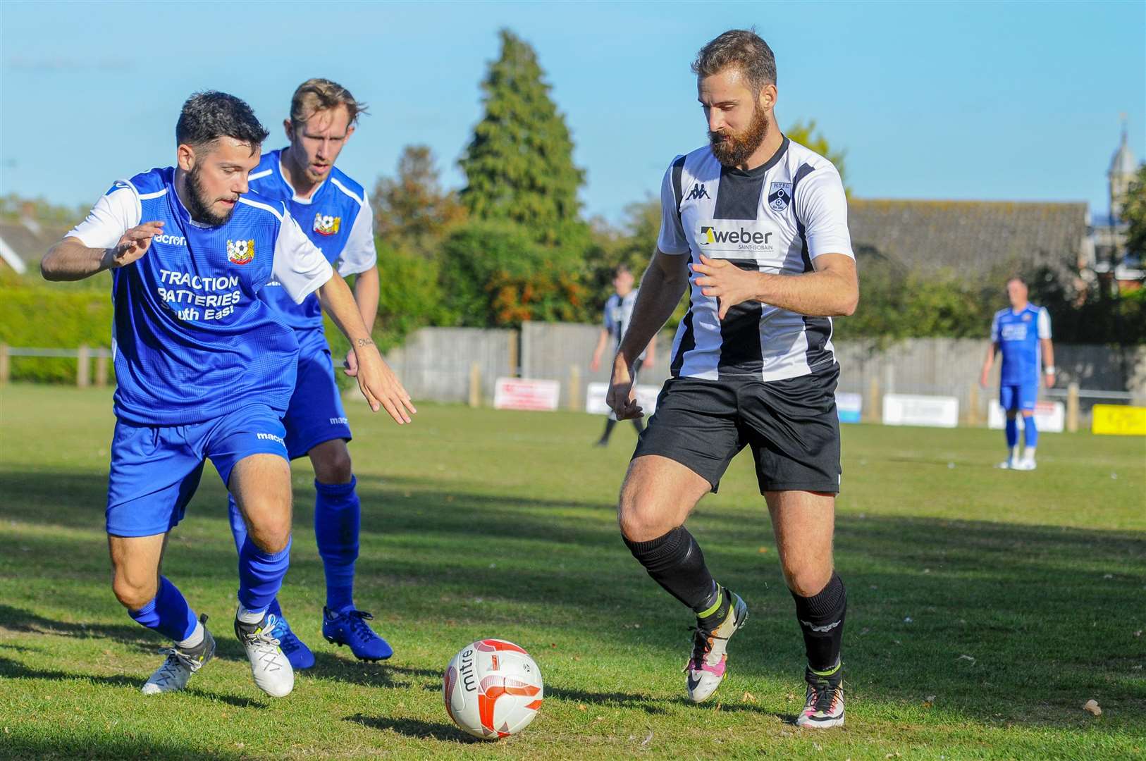 Harleston, Norfolk. 29 September 2018 ..Football action from Harleston v Cornard - Harleston's N Page and Cornard's C Davies. ..Picture by Mark Bullimore Photography. (4483706)
