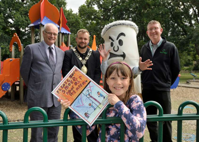 Castle Play Area, Thetford. Front: Freya Gallant with the sign she designed; back L-R: Cllr Gordon Bambridge, Cllr Terry Jermy, 'Big Cig', Craig Fowler, Breckland Council Food, Health and Safety Manager Castle Play Area, Thetford. Front: Freya Gallant with the sign she designed; back L-R: Cllr Gordon Bambridge, Cllr Terry Jermy, 'Big Cig', Craig Fowler, Breckland Council Food, Health and Safety Manager ANL-161208-154725001