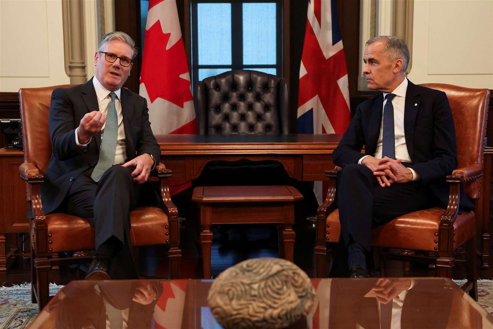 Prime Minister of Canada Mark Carney (right) and Prime Minister Sir Keir Starmer during a bilateral meeting at Parliament Hill in Ottawa, Canada, ahead of the G7 summit leaders’ summit (Suzanne Plunkett)