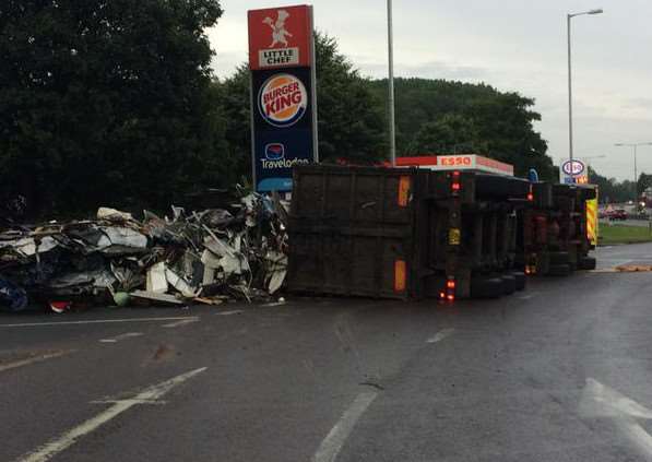 The overturned lorry blocking the A11 this morning