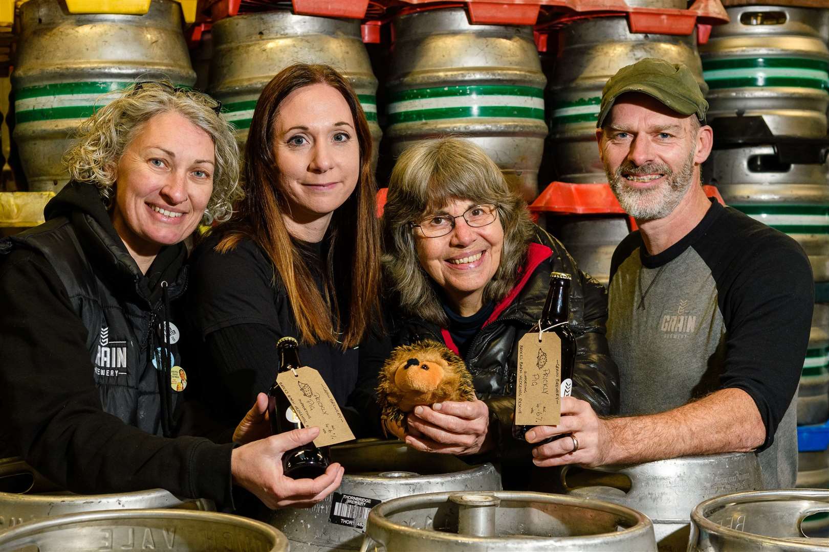 Hilary Halls, Chantelle Keeble, Tessa Dunbar and Phil Halls with Grain Brewery’s recently launched Prickly Pig. Picture by Mark Bullimore.